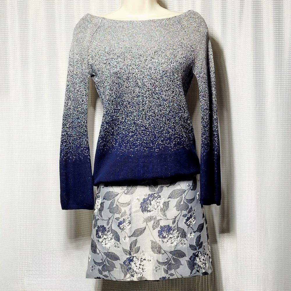 WHBM Silver & Navy Blue Ombre Long Sleeve Sweater (XXS)